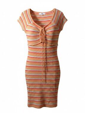 Knit Bodycon Dress Striped Lace Up Front Y2K Retro Fitted Summer Midi